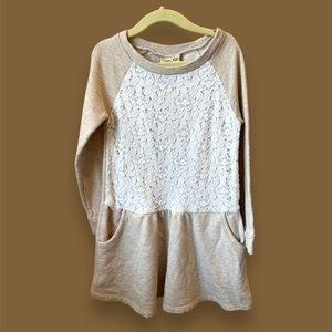 Lace Front Beige Sweatshirt Dress with Pockets Size 6 Winter Dress Oat Sweater